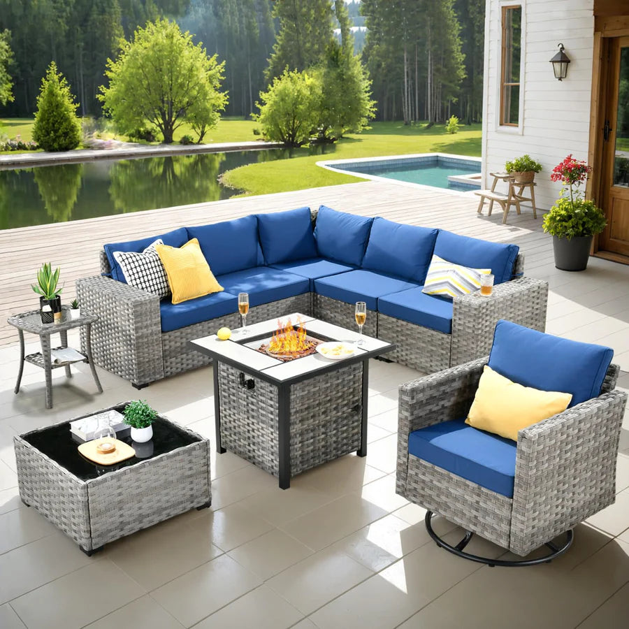 9 Pieces Patio Furniture Set, Outdoor Sectional Sofa with Swivel Rocking Chair, 30" Fire Pit Table