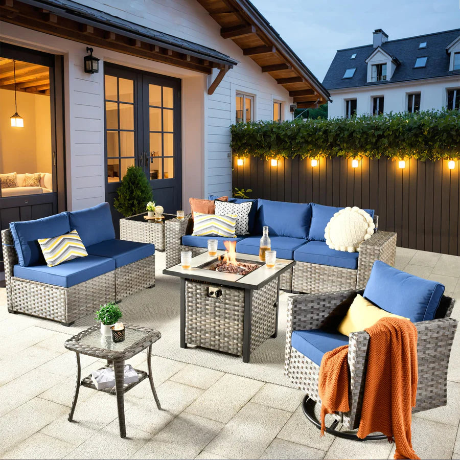 9 Pieces Patio Furniture Set, Outdoor Sectional Sofa with Swivel Rocking Chair, 30" Fire Pit Table