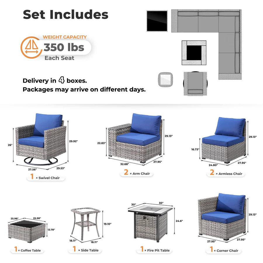9 Pieces Patio Furniture Set, Outdoor Sectional Sofa with Swivel Rocking Chair, 30" Fire Pit Table
