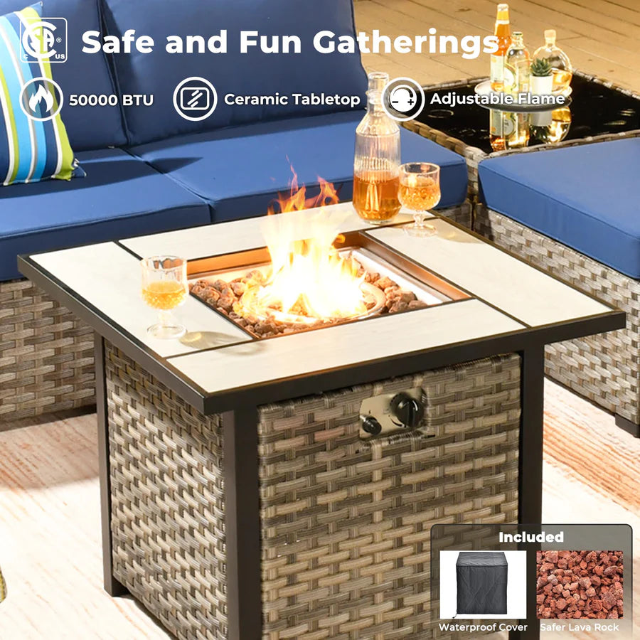 9 Pieces Patio Furniture Set, Outdoor Sectional Sofa with Swivel Rocking Chair, 30" Fire Pit Table