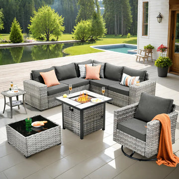 9 Pieces Patio Furniture Set, Outdoor Sectional Sofa with Swivel Rocking Chair, 30" Fire Pit Table