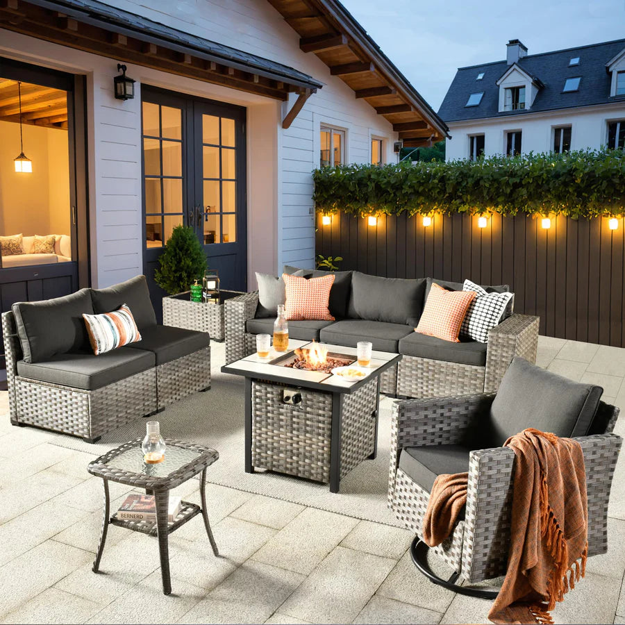 9 Pieces Patio Furniture Set, Outdoor Sectional Sofa with Swivel Rocking Chair, 30" Fire Pit Table