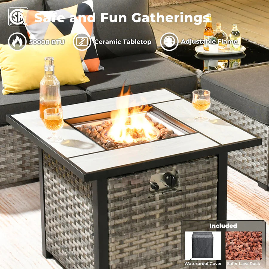 9 Pieces Patio Furniture Set, Outdoor Sectional Sofa with Swivel Rocking Chair, 30" Fire Pit Table