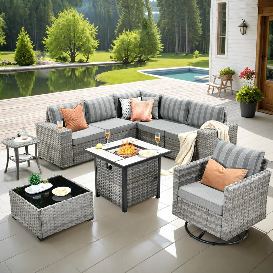 9 Pieces Patio Furniture Set, Outdoor Sectional Sofa with Swivel Rocking Chair, 30" Fire Pit Table