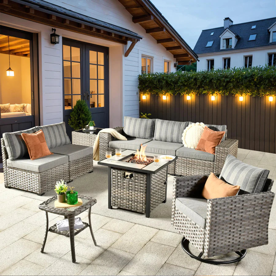 9 Pieces Patio Furniture Set, Outdoor Sectional Sofa with Swivel Rocking Chair, 30" Fire Pit Table