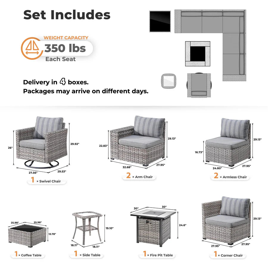 9 Pieces Patio Furniture Set, Outdoor Sectional Sofa with Swivel Rocking Chair, 30" Fire Pit Table