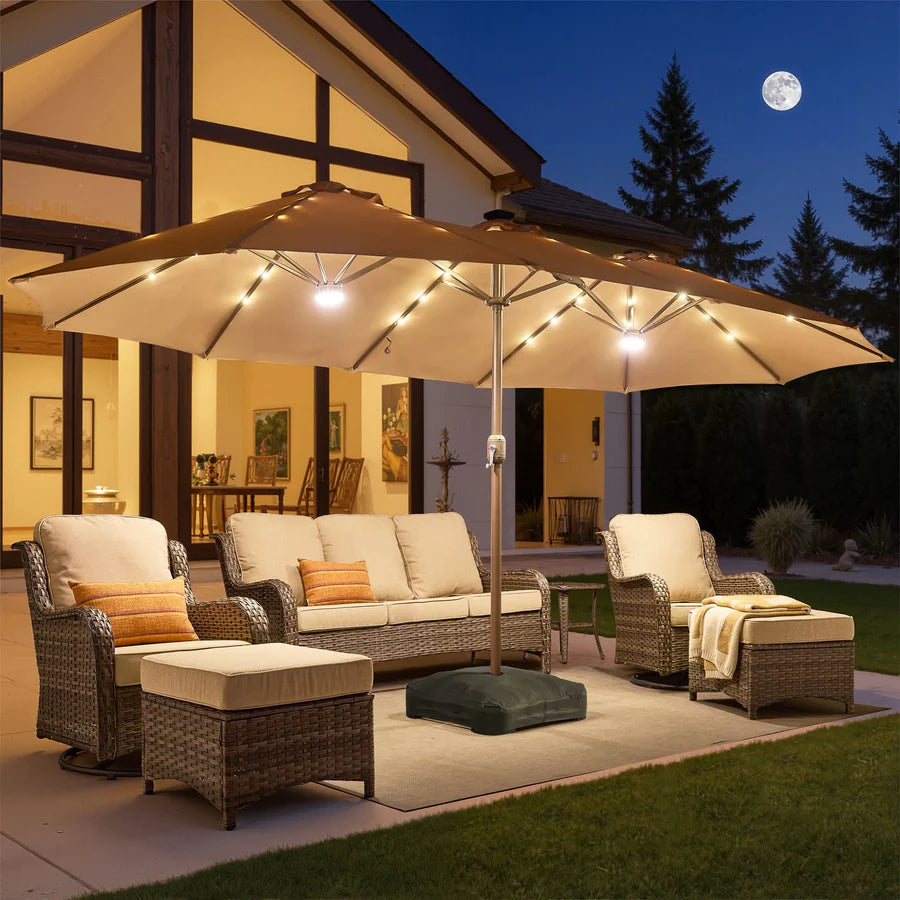 LED Patio Umbrella - Double-Sided Solar Powered with Base