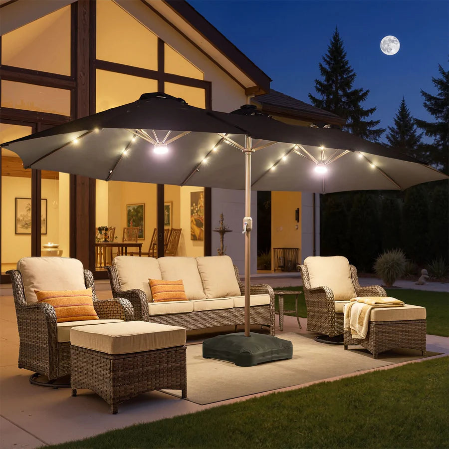LED Patio Umbrella - Double-Sided Solar Powered with Base
