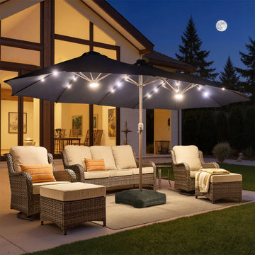 LED Patio Umbrella - Double-Sided Solar Powered with Base