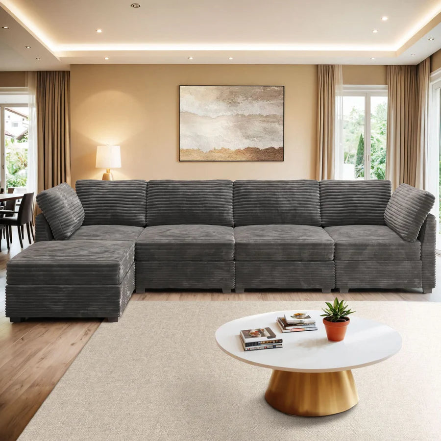 Living Room Modular Couch 5-Pieces Set, 1 Wale Plush Corduroy Fabric