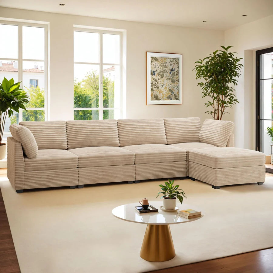 Living Room Modular Couch 5-Pieces Set, 1 Wale Plush Corduroy Fabric