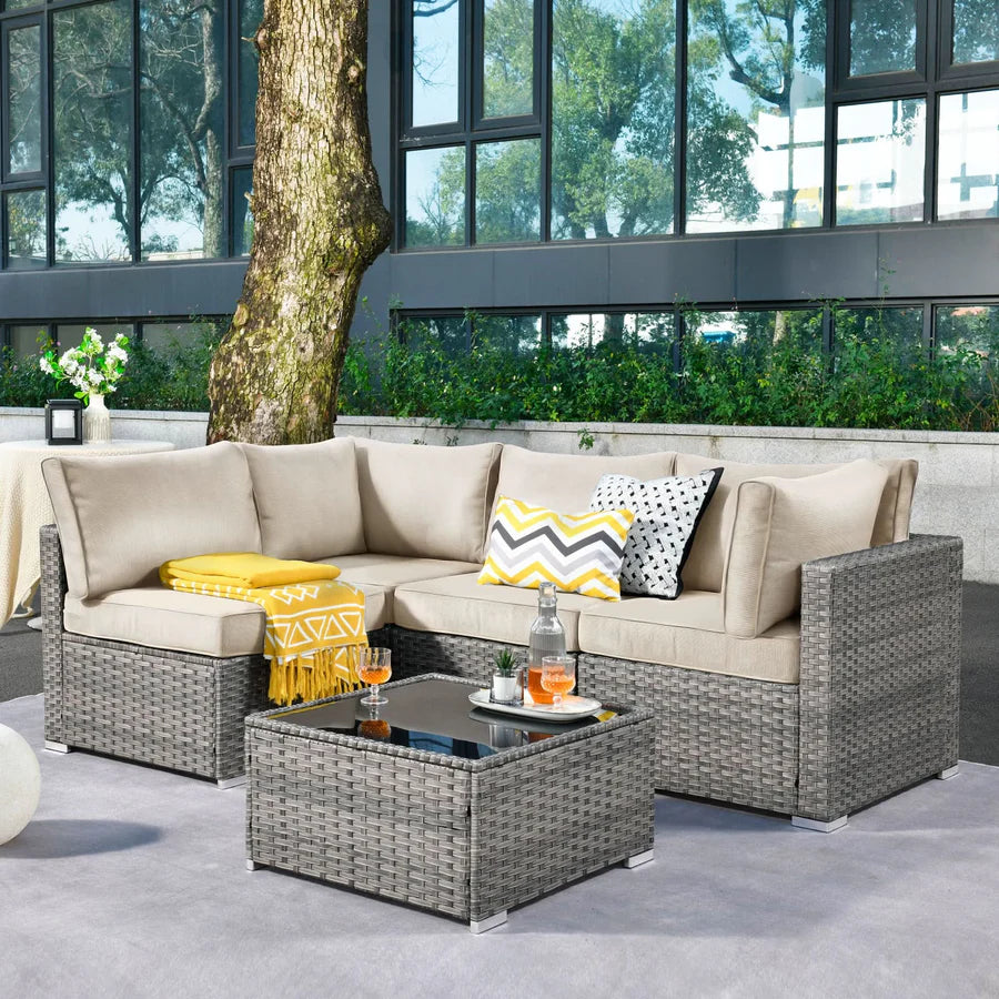 Outdoor 5 Piece Coversation Set with Coffee Table,Sectional Patio Furniture Set with All-Weather Wicker Sofa
