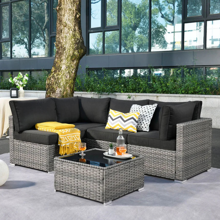 Outdoor 5 Piece Coversation Set with Coffee Table,Sectional Patio Furniture Set with All-Weather Wicker Sofa