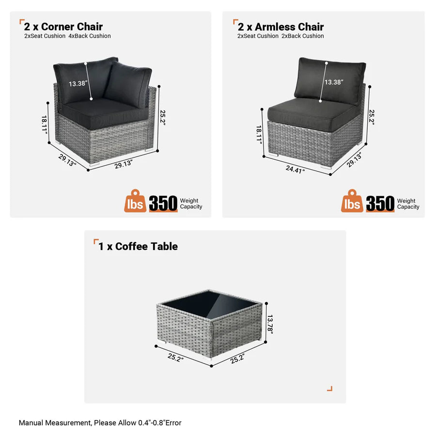 Outdoor 5 Piece Coversation Set with Coffee Table,Sectional Patio Furniture Set with All-Weather Wicker Sofa