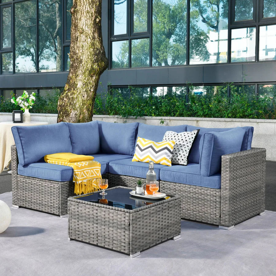 Outdoor 5 Piece Coversation Set with Coffee Table,Sectional Patio Furniture Set with All-Weather Wicker Sofa