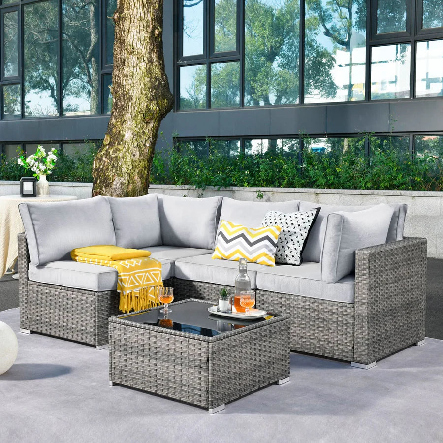 Outdoor 5 Piece Coversation Set with Coffee Table,Sectional Patio Furniture Set with All-Weather Wicker Sofa