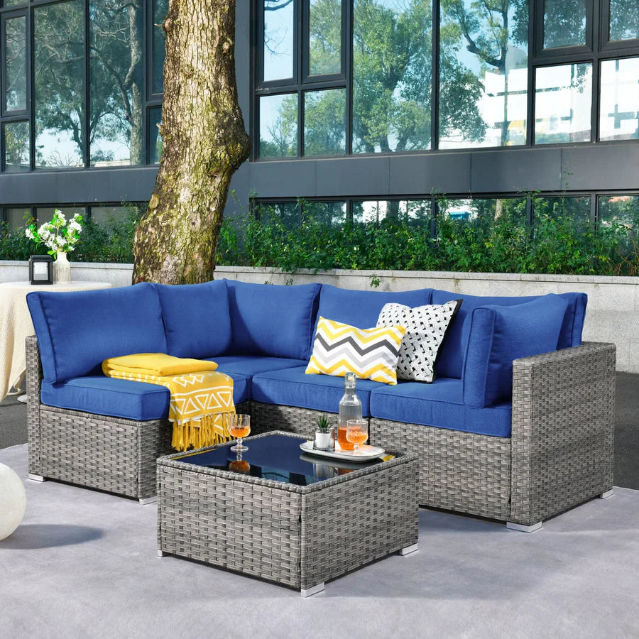 Outdoor 5 Piece Coversation Set with Coffee Table,Sectional Patio Furniture Set with All-Weather Wicker Sofa