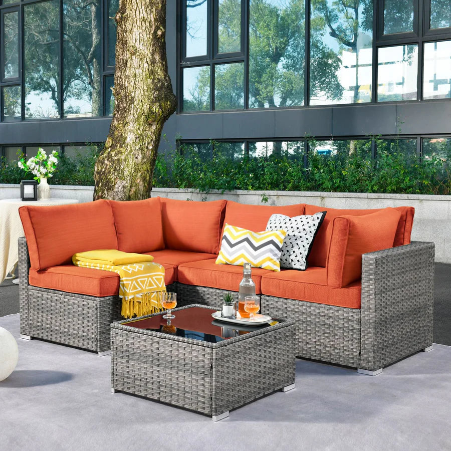 Outdoor 5 Piece Coversation Set with Coffee Table,Sectional Patio Furniture Set with All-Weather Wicker Sofa