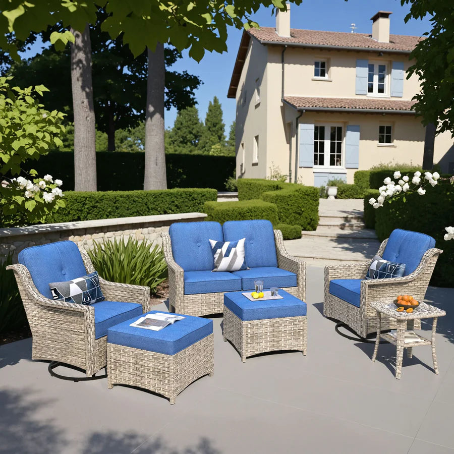 Outdoor 6 Pieces Coversation Set with Swivel Rocking Chair
