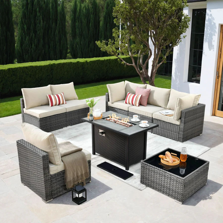 Outdoor 8 Piece Patio Furniture Set with Fire Pit Table,Conversation Sectional Wicker Couch with Coffee Table