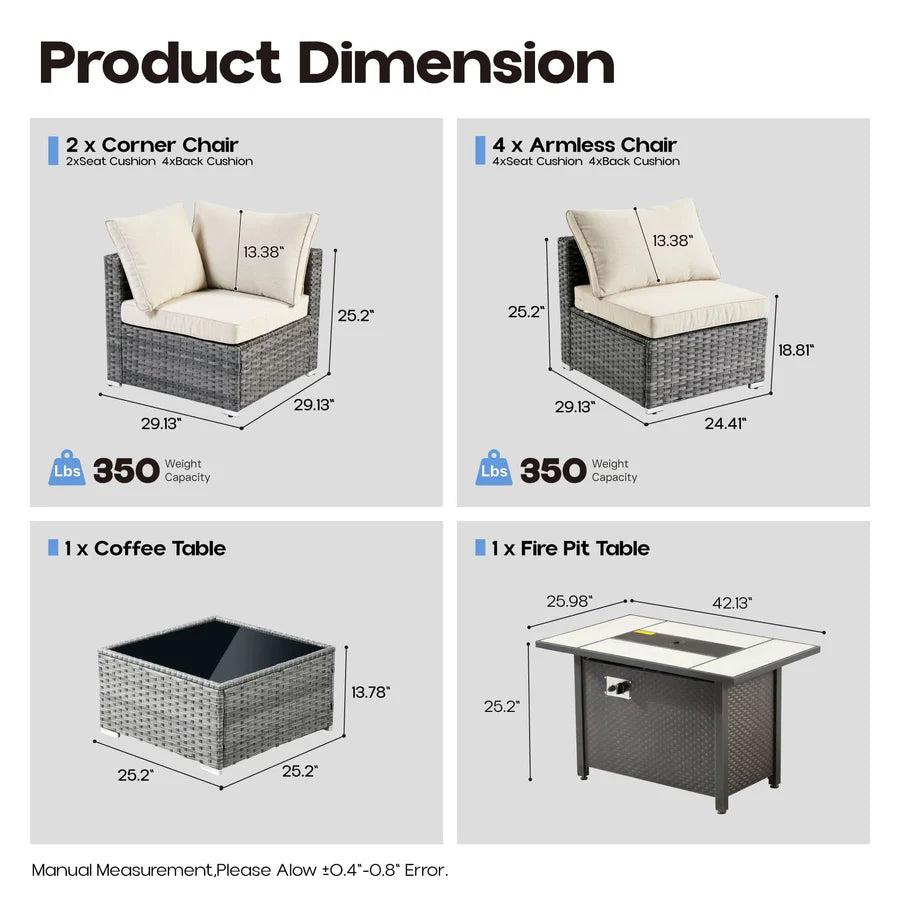 Outdoor 8 Piece Patio Furniture Set with Fire Pit Table,Conversation Sectional Wicker Couch with Coffee Table
