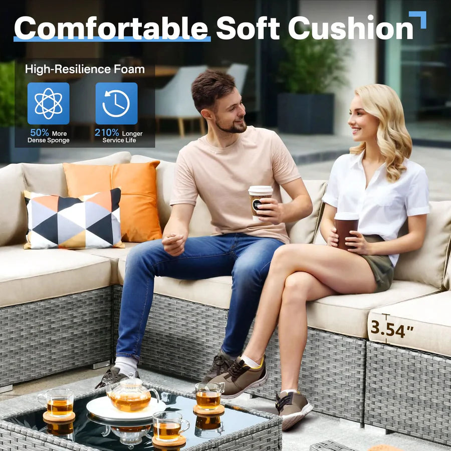 Outdoor 8 Piece Patio Furniture Set with Fire Pit Table,Conversation Sectional Wicker Couch with Coffee Table