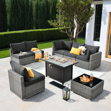 Outdoor 8 Piece Patio Furniture Set with Fire Pit Table,Conversation Sectional Wicker Couch with Coffee Table