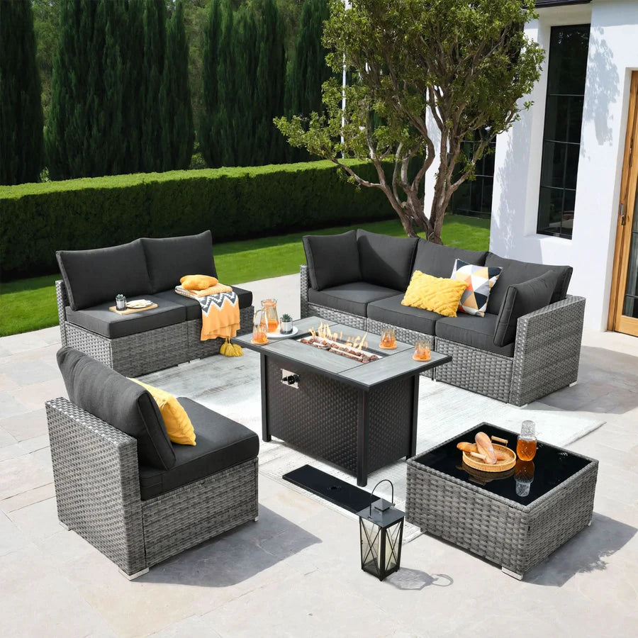 Outdoor 8 Piece Patio Furniture Set with Fire Pit Table,Conversation Sectional Wicker Couch with Coffee Table