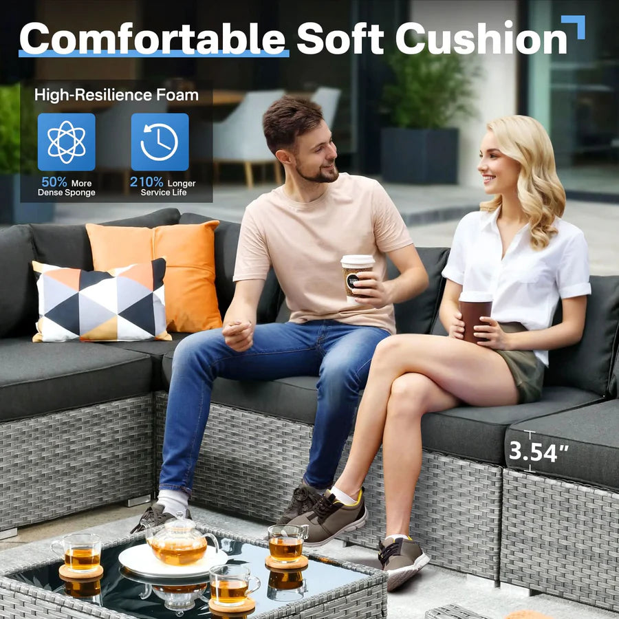 Outdoor 8 Piece Patio Furniture Set with Fire Pit Table,Conversation Sectional Wicker Couch with Coffee Table