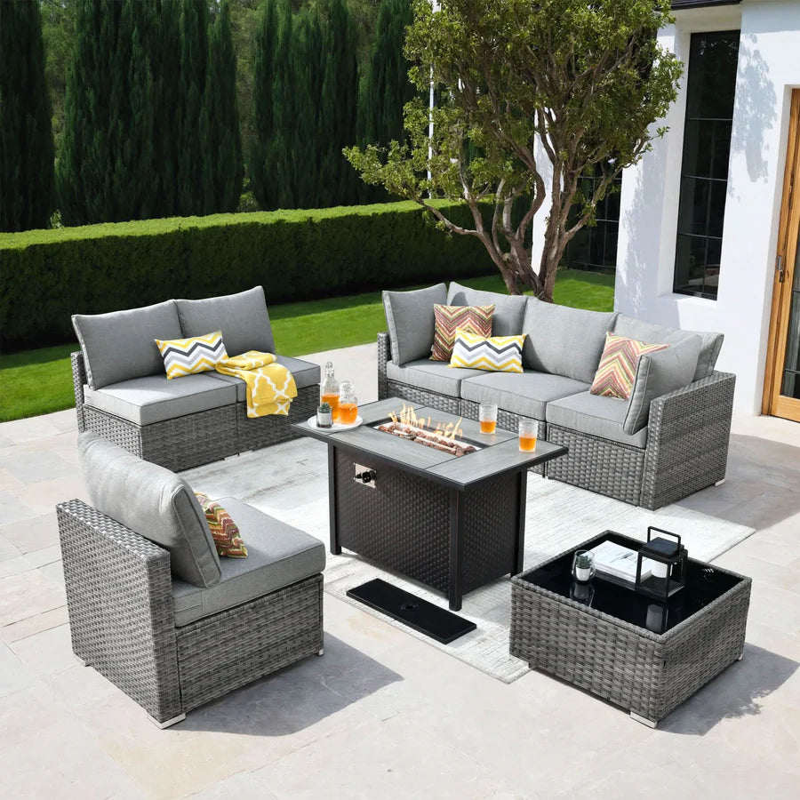 Outdoor 8 Piece Patio Furniture Set with Fire Pit Table,Conversation Sectional Wicker Couch with Coffee Table