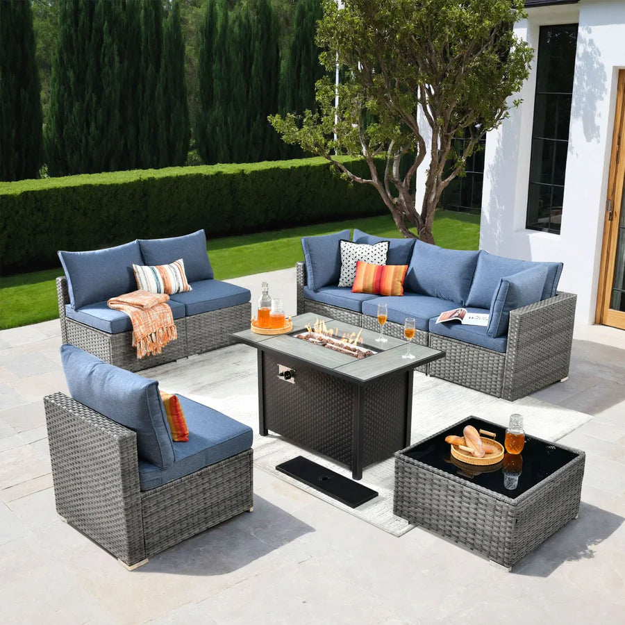 Outdoor 8 Piece Patio Furniture Set with Fire Pit Table,Conversation Sectional Wicker Couch with Coffee Table