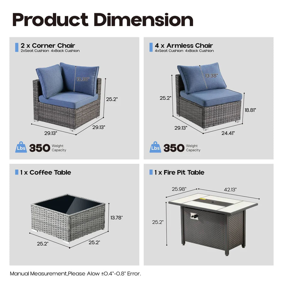 Outdoor 8 Piece Patio Furniture Set with Fire Pit Table,Conversation Sectional Wicker Couch with Coffee Table