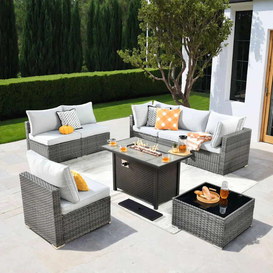 Outdoor 8 Piece Patio Furniture Set with Fire Pit Table,Conversation Sectional Wicker Couch with Coffee Table