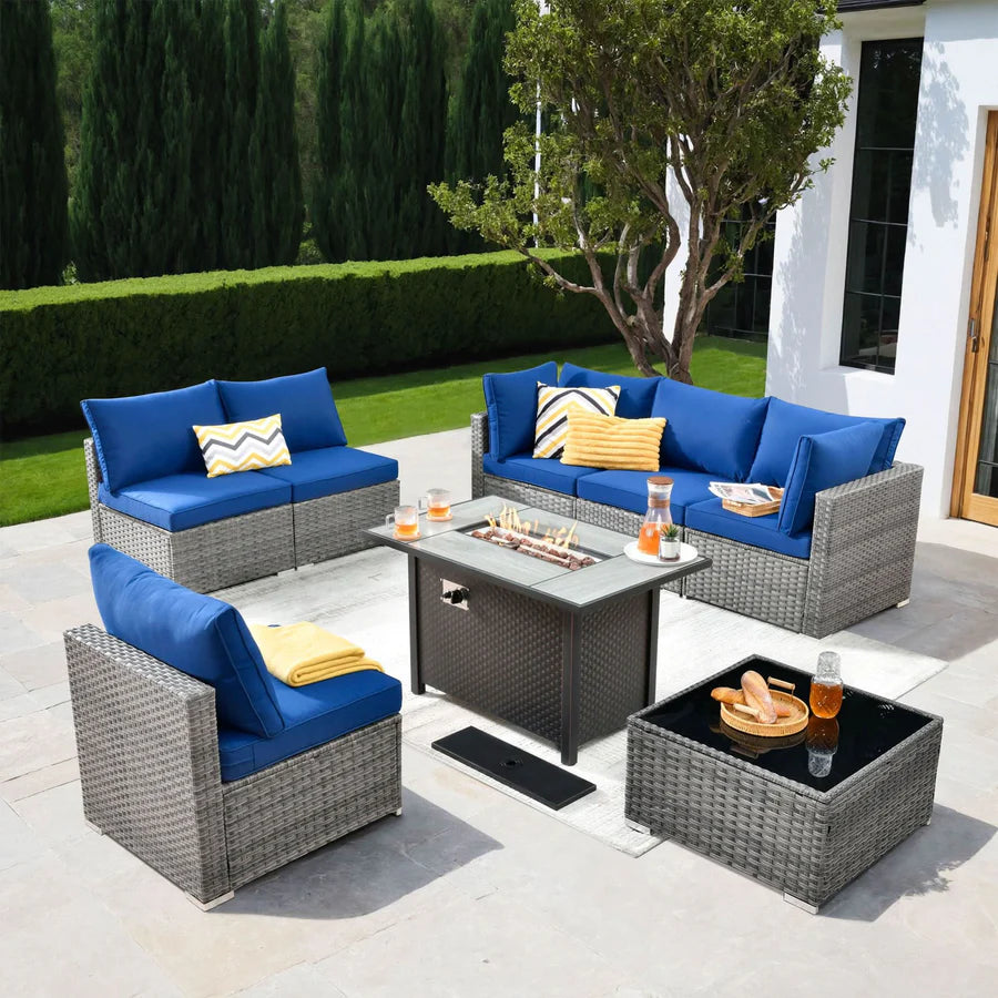 Outdoor 8 Piece Patio Furniture Set with Fire Pit Table,Conversation Sectional Wicker Couch with Coffee Table