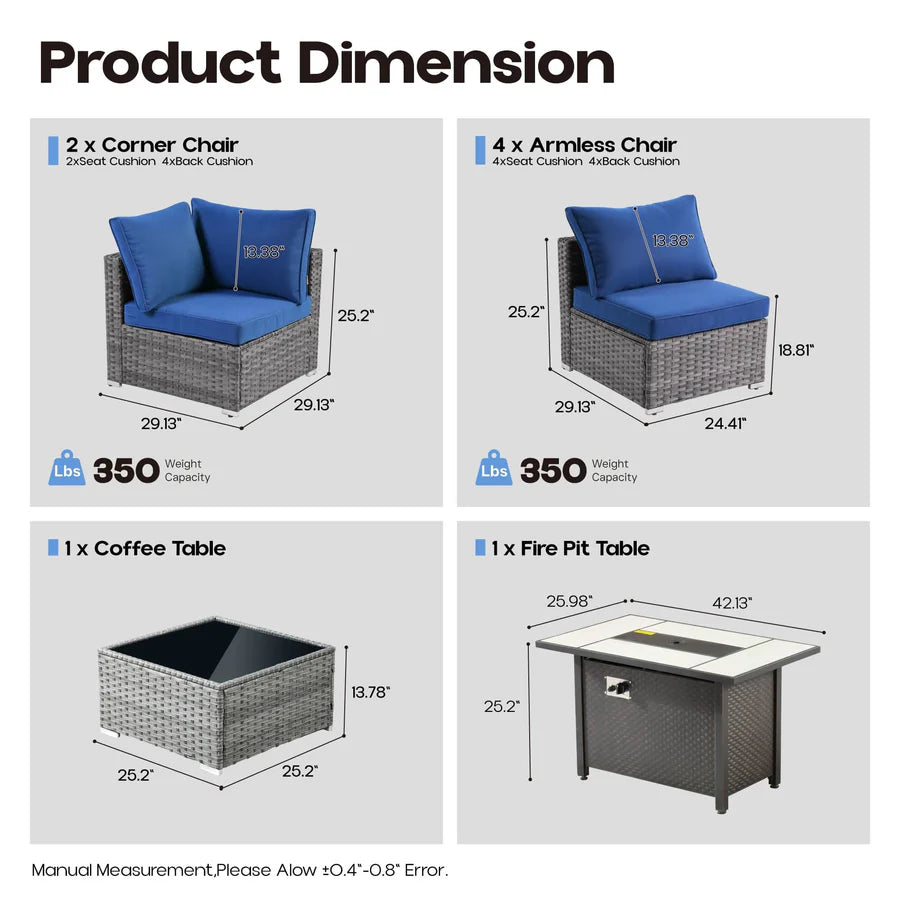 Outdoor 8 Piece Patio Furniture Set with Fire Pit Table,Conversation Sectional Wicker Couch with Coffee Table