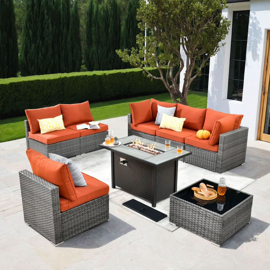Outdoor 8 Piece Patio Furniture Set with Fire Pit Table,Conversation Sectional Wicker Couch with Coffee Table