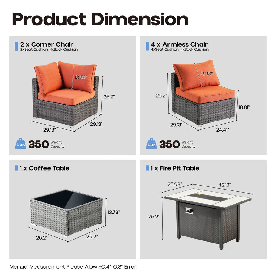 Outdoor 8 Piece Patio Furniture Set with Fire Pit Table,Conversation Sectional Wicker Couch with Coffee Table