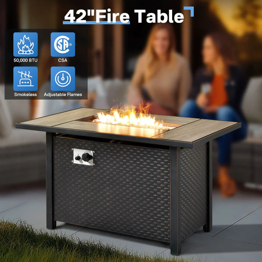 Outdoor 8 Piece Patio Furniture Set with Fire Pit Table,Conversation Sectional Wicker Couch with Coffee Table