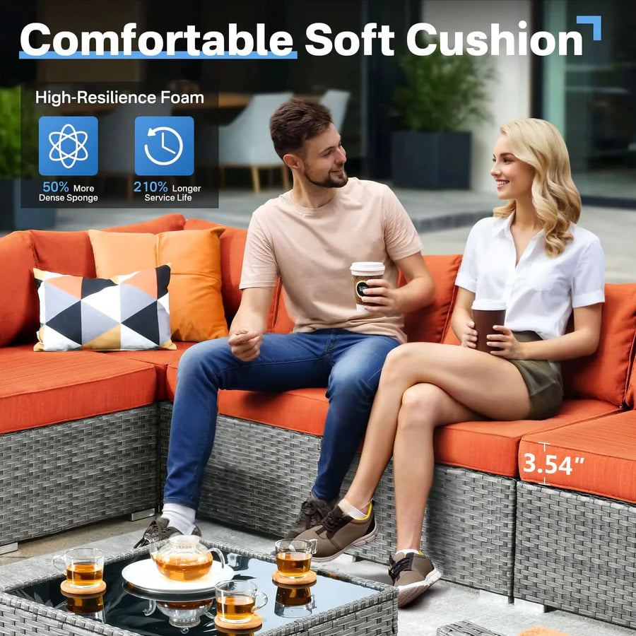 Outdoor 8 Piece Patio Furniture Set with Fire Pit Table,Conversation Sectional Wicker Couch with Coffee Table