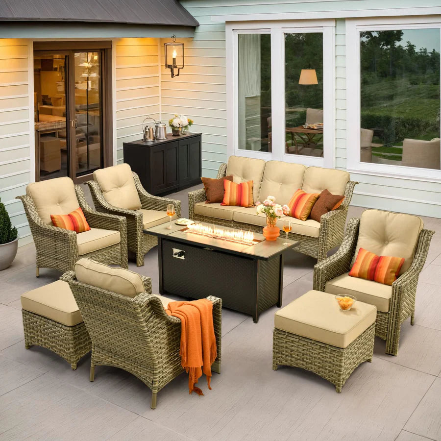 Outdoor 8 Pieces Coversation Set with 54" Fire Pit Table