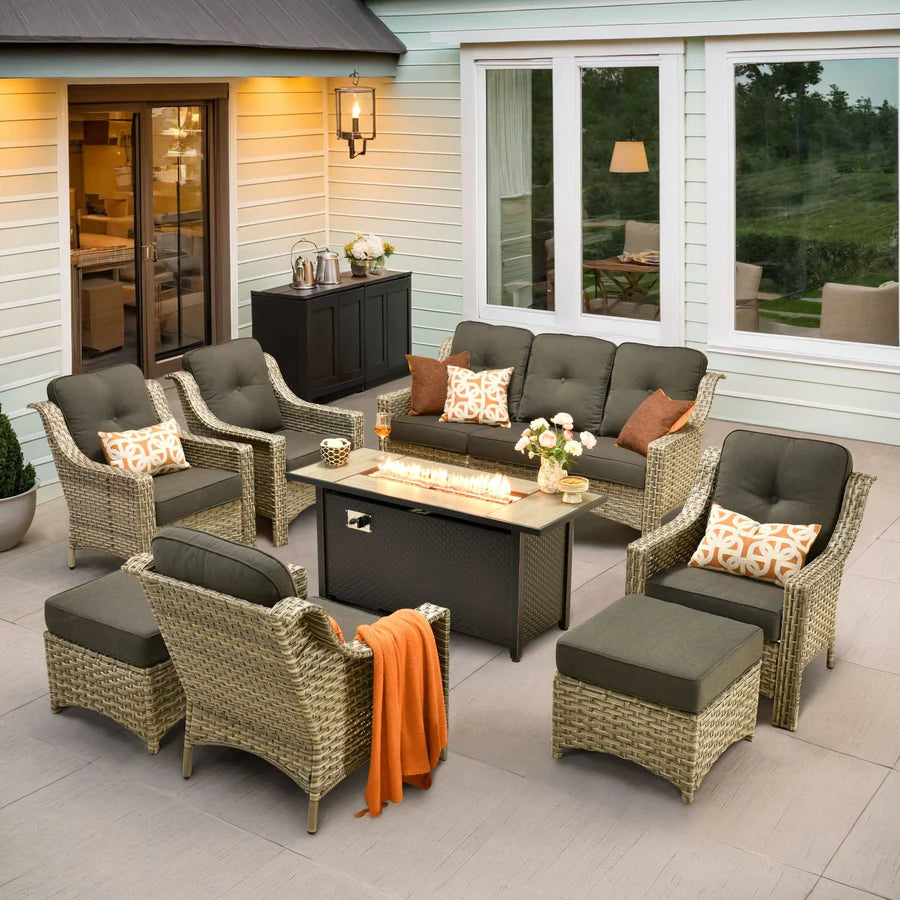 Outdoor 8 Pieces Coversation Set with 54" Fire Pit Table