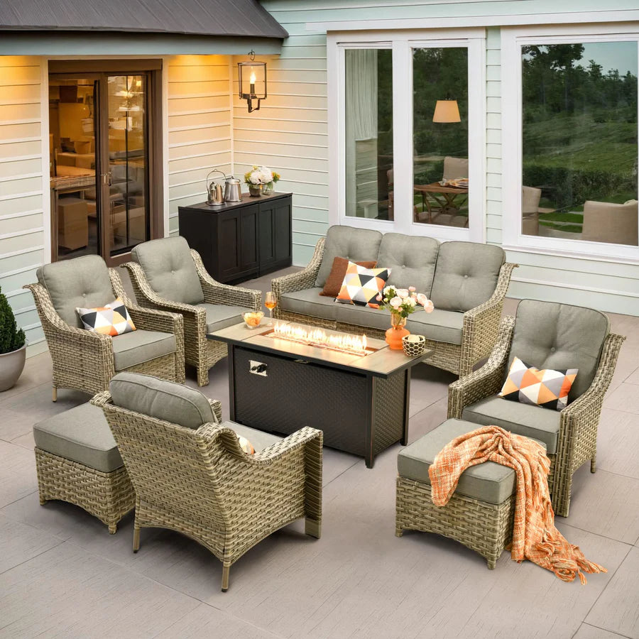 Outdoor 8 Pieces Coversation Set with 54" Fire Pit Table