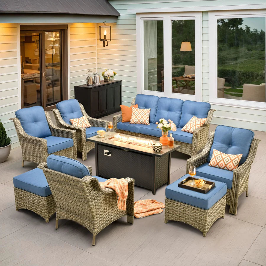 Outdoor 8 Pieces Coversation Set with 54" Fire Pit Table