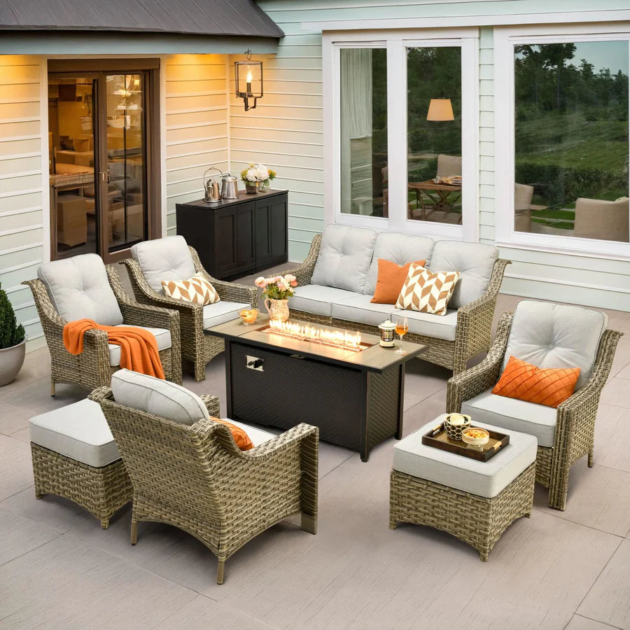 Outdoor 8 Pieces Coversation Set with 54" Fire Pit Table