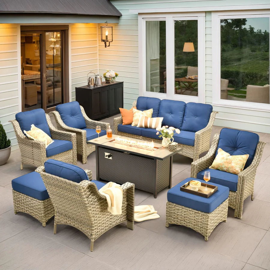 Outdoor 8 Pieces Coversation Set with 54" Fire Pit Table