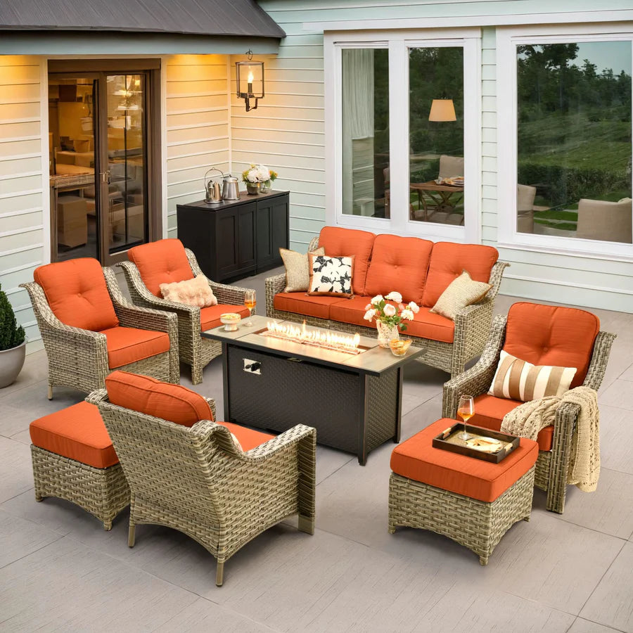 Outdoor 8 Pieces Coversation Set with 54" Fire Pit Table