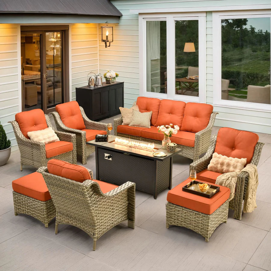 Outdoor 8 Pieces Coversation Set with 54" Fire Pit Table