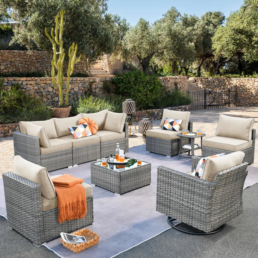 Outdoor 9 Piece Coversation Set with Swivel Rocking Chair,Sectional Patio Furniture Set with All-Weather Wicker Sofa