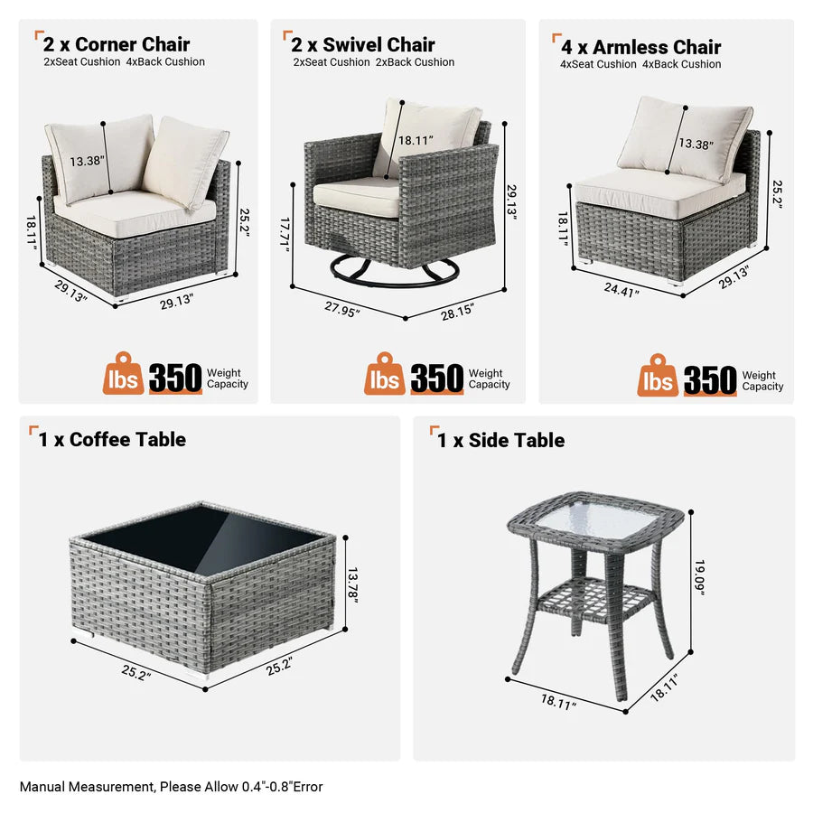 Outdoor 9 Piece Coversation Set with Swivel Rocking Chair,Sectional Patio Furniture Set with All-Weather Wicker Sofa