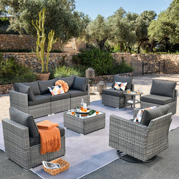 Outdoor 9 Piece Coversation Set with Swivel Rocking Chair,Sectional Patio Furniture Set with All-Weather Wicker Sofa
